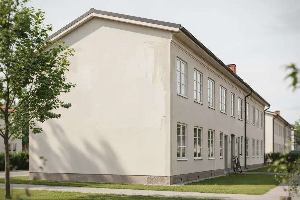 underh llsm lning av putsfasad p flerbostadshus i m lnlycke h rryda