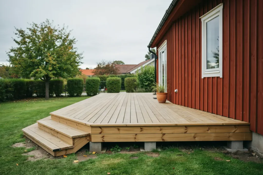 altan med tryckimpregnerad trall byggd p plintar i m lnlycke h rryda